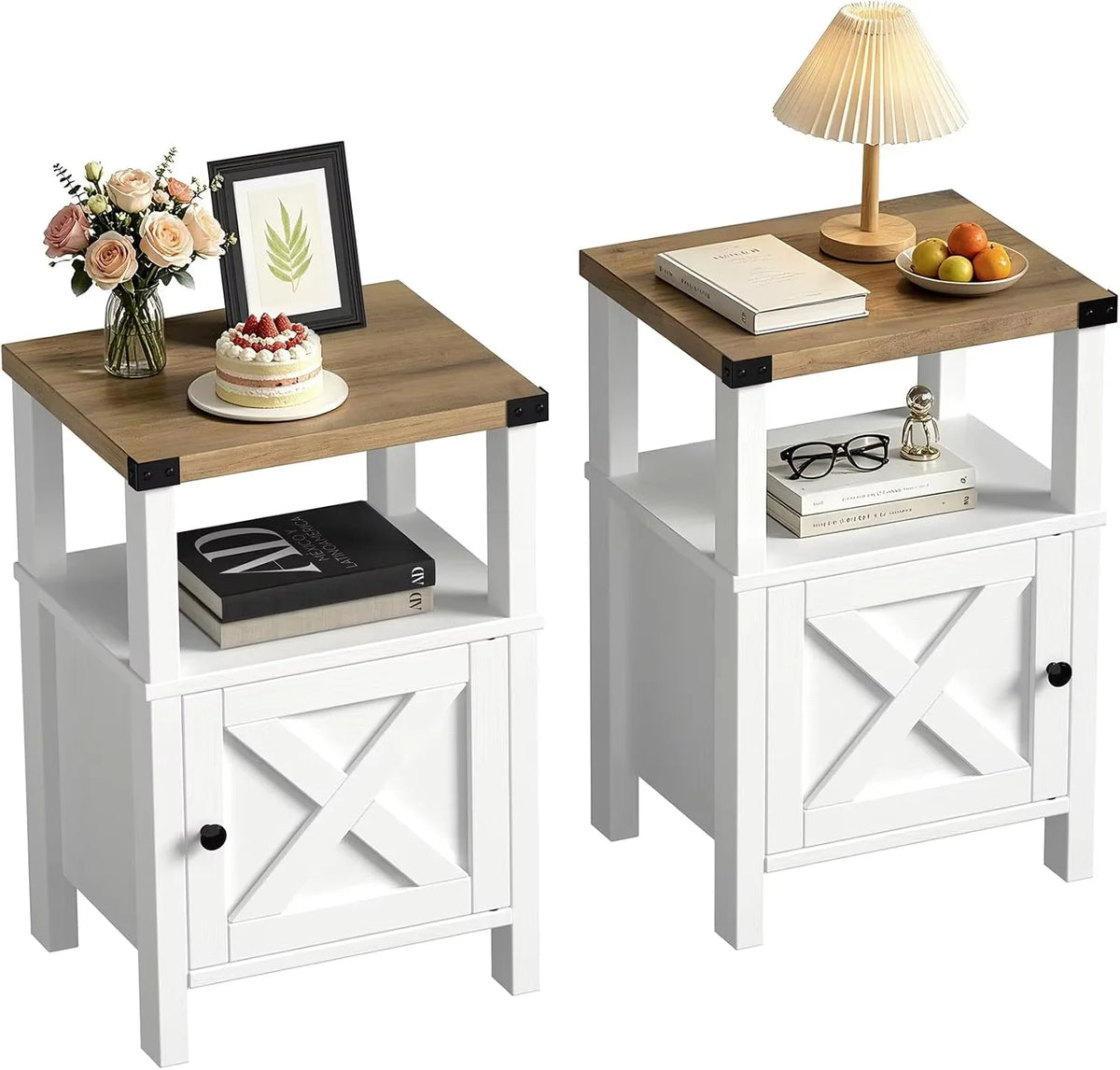 24.8" Nightstand Set 2, Wood, with Barn Door, White/Beige
