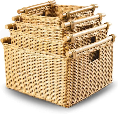 Natural Handwoven Rattan Wicker Deep Pole Handle Storage Basket, Sandstone....