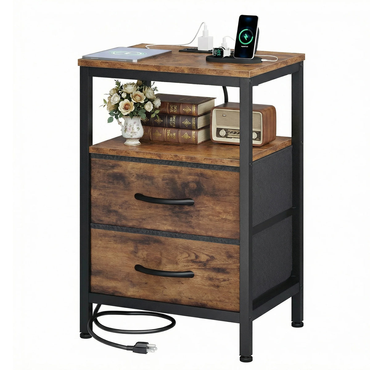 2 Fabric Drawers Bedside Night Stand with Open Shelf  USB Ports