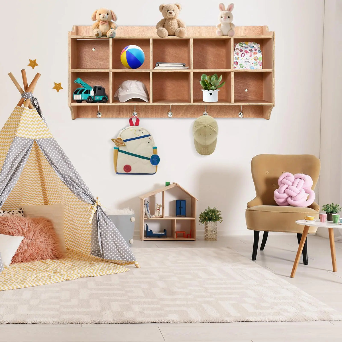Wall Mount Kids Wooden Storage Organizer With 10 Cubbies, 5 Hooks And Top Shelf,