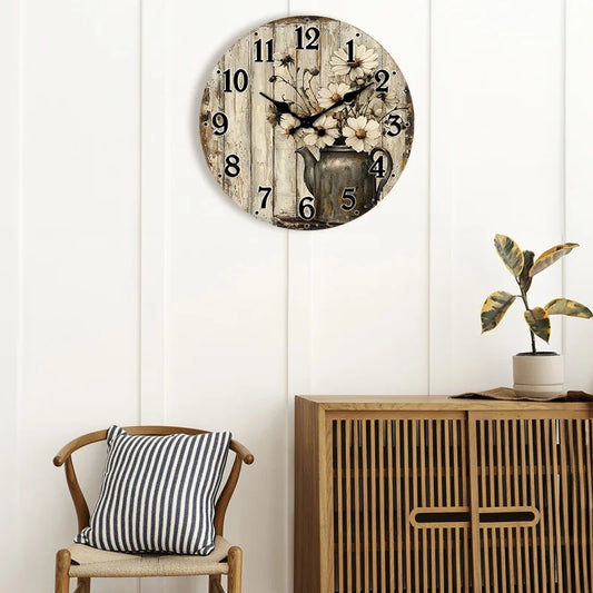Wooden Wall Clock, Design with a Vintage Teapot With White Daisy, Available in 4 Sizes