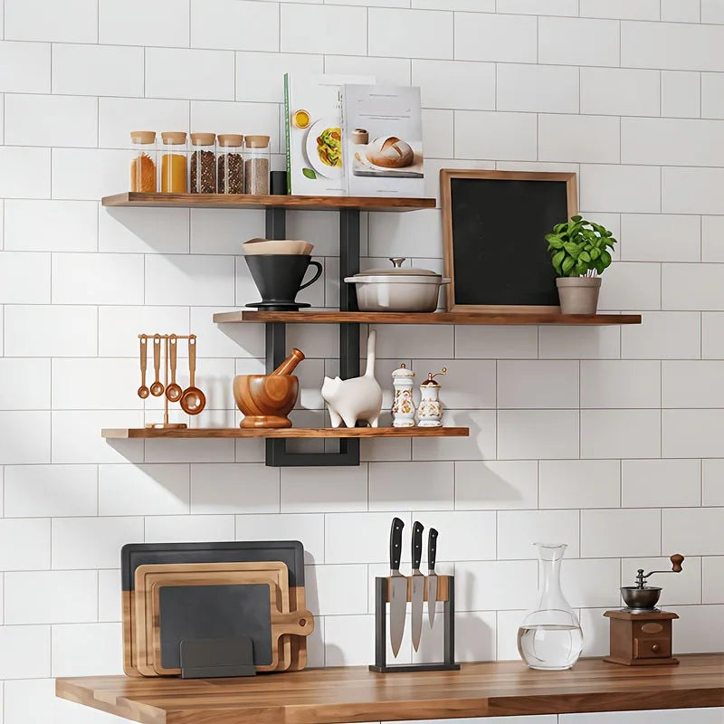 Matte Black Floating Wooden Shelf Wall Mounted Adjustable