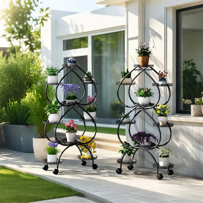 Metal Plant Stand 9-Pot Diameter 9.84 inch, Rolling Display Rack With Wheels Indoor Outdoor, 28.74x11.81x48.82 inches