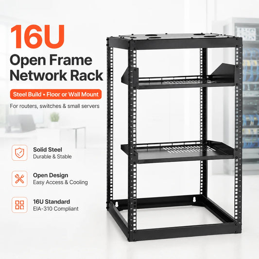 16U Open Frame Network Rack 23 Inch Deep 4 Post Server Rack Wall Mount Floor Standing with 2 Shelves