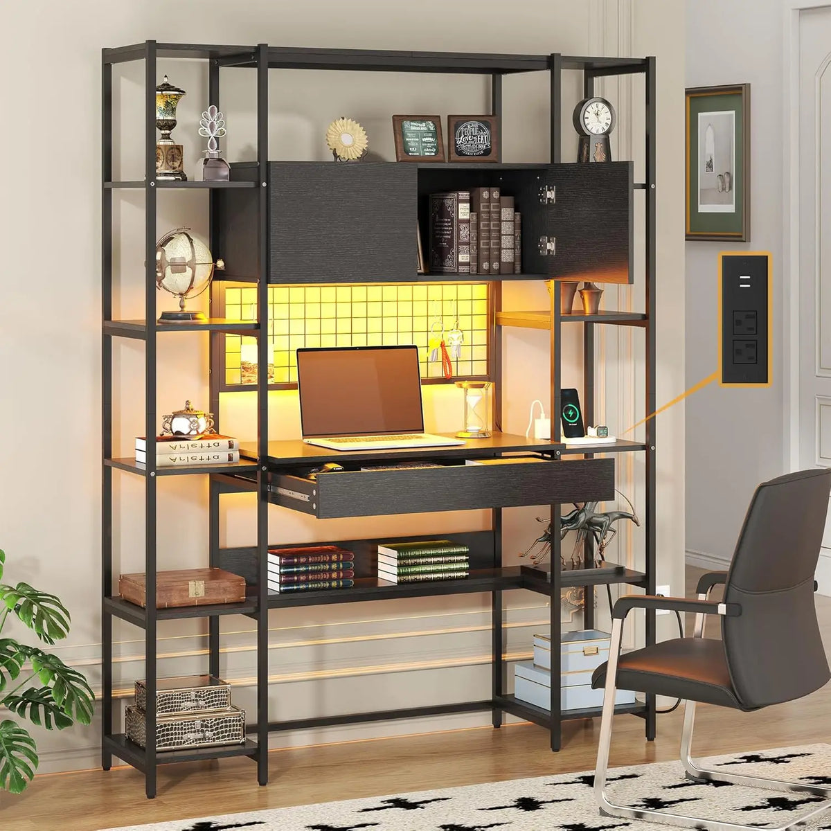 5 Tiers Rustic Engineered Wooden Bookshelf with Home Office Desk and RGB Lights and Power Outlet, 71.1" Tall