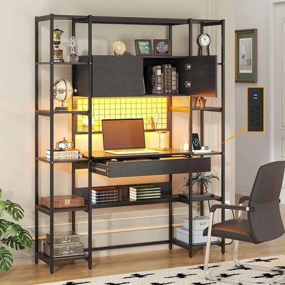 5 Tiers Rustic Engineered Wooden Bookshelf with Home Office Desk and RGB Lights and Power Outlet, 71.1" Tall