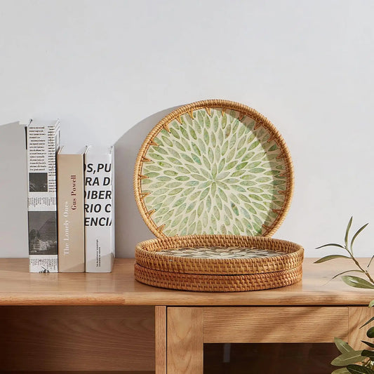 Woven Rattan Wicker Tray with Mother of Pearl Inlay With Wooden Base.....